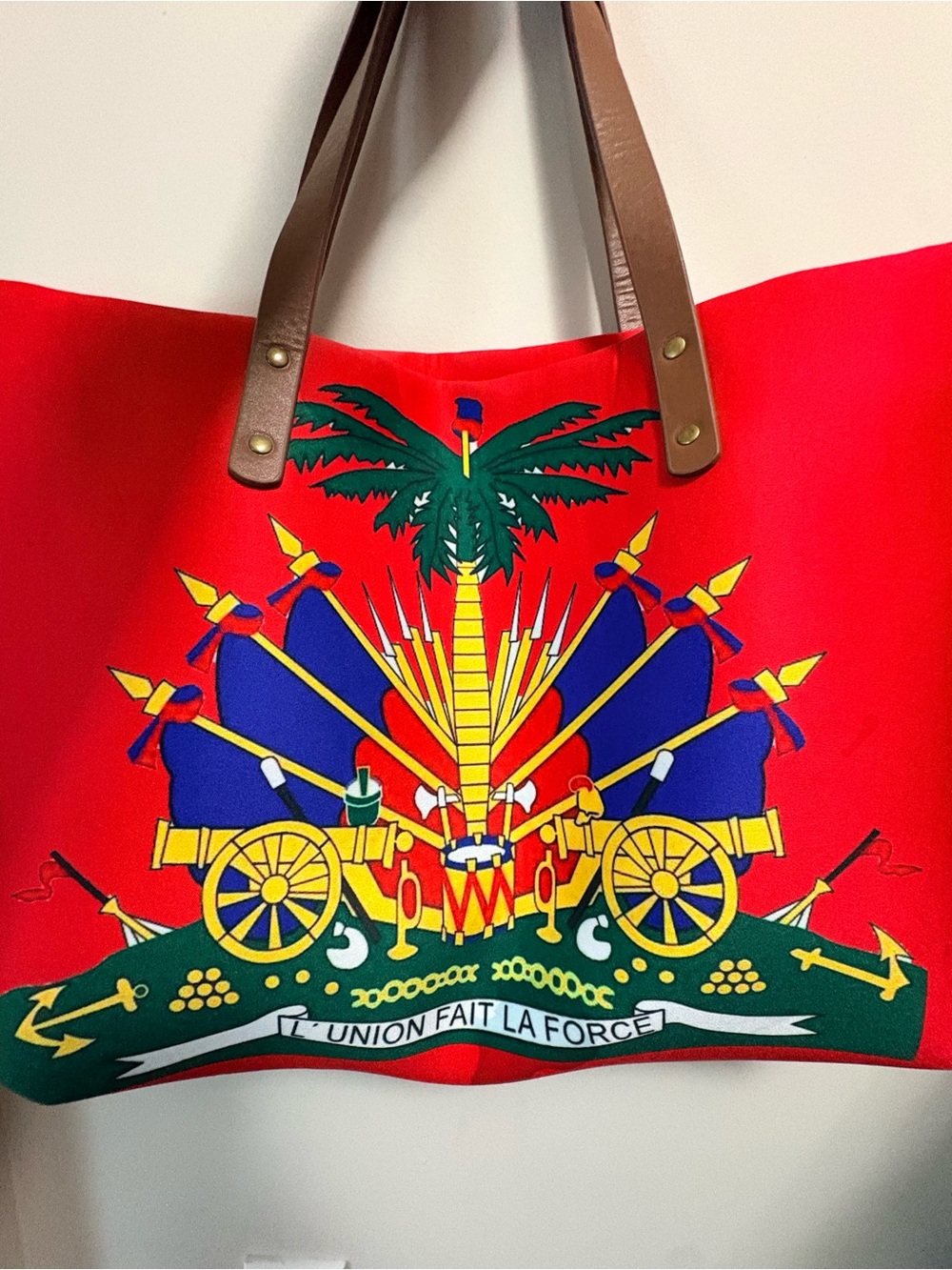 Red Tote Bag With Haiti Coat Of Arms Design